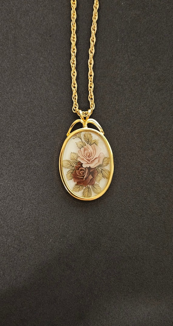 Vintage Pink and Purple Roses Cameo Style Gold Ton