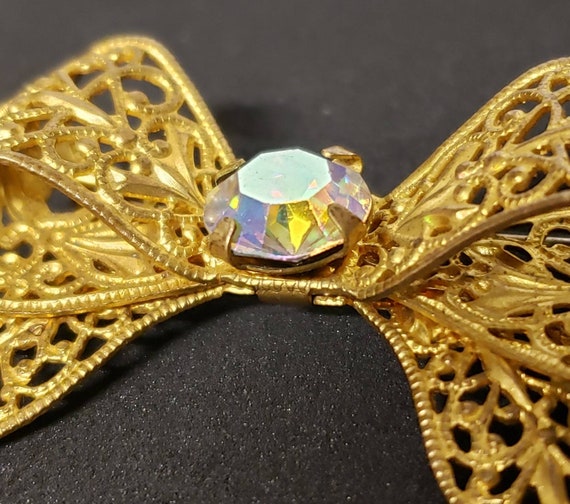 Vintage 1940s 1950s Gold Tone Ribbon Bow Brooch w… - image 4