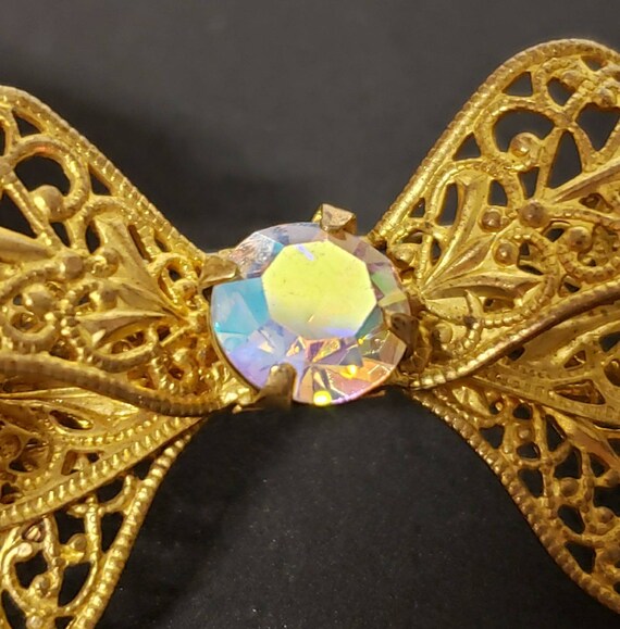 Vintage 1940s 1950s Gold Tone Ribbon Bow Brooch w… - image 2