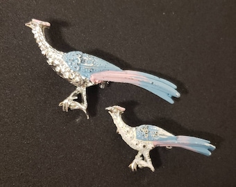 Two Vintage Pastel Blue and Pink Peacock Brooches