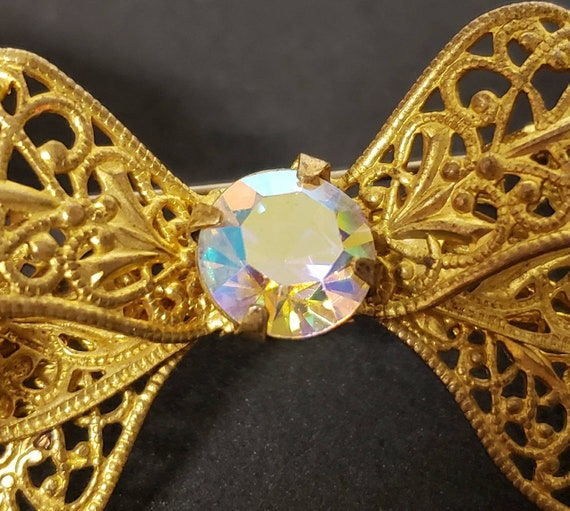Vintage 1940s 1950s Gold Tone Ribbon Bow Brooch w… - image 3