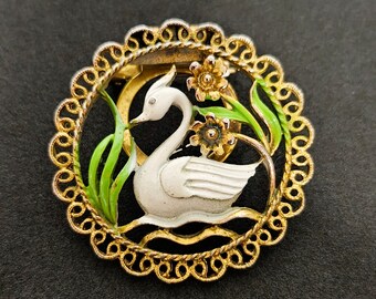 Vintage White Enamel Swan with Flowers Round Scarf Clip Brooch Combo