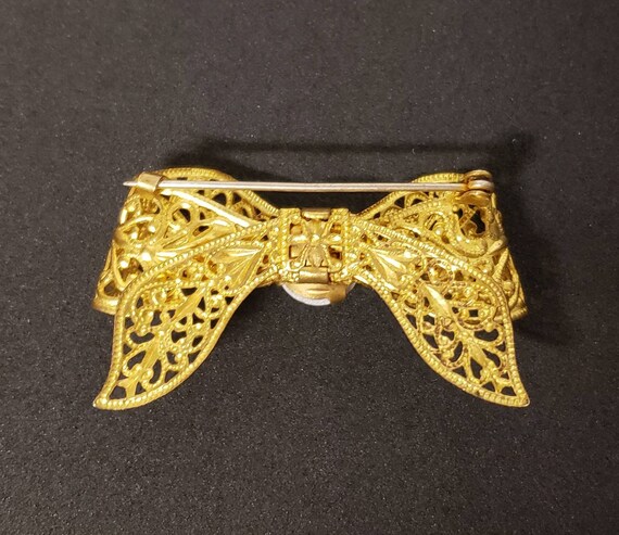 Vintage 1940s 1950s Gold Tone Ribbon Bow Brooch w… - image 5