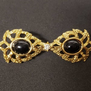 Vintage Gold Tone Victorian Style Black Cabochon and Glass Rhinestone Brooch