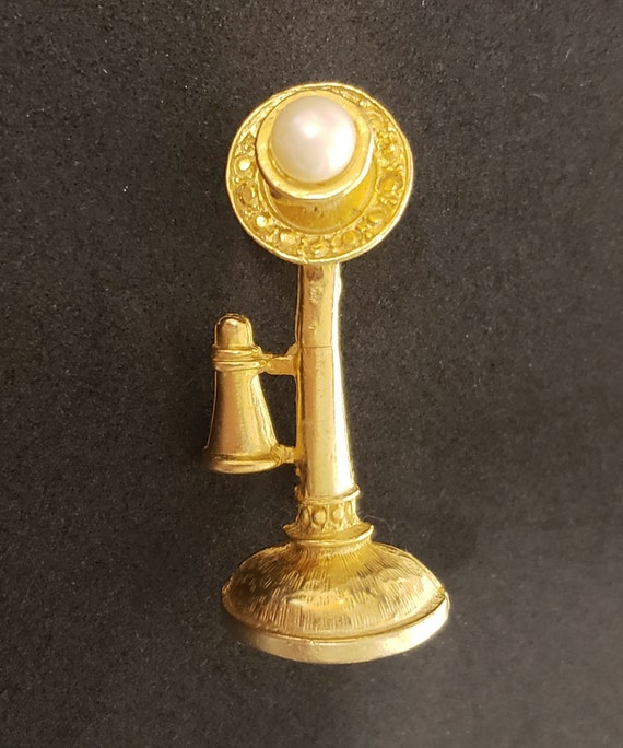Vintage Gold Tone Antique Style Telephone Brooch … - image 2