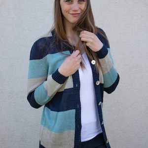 Linen knit cardigan with pearl buttons, Long Sleeve, striped color,