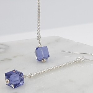 Silver Twist Drop Earrings with Purple Crystals, Swarovski Purple Crystal Cube Drop Earrings