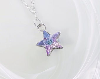 Sparkling Star Sterling Silver Necklace with Swarovski Purple Crystal Star, Swarovski Crystal Star Dainty Lilac/Purple Star Necklace.