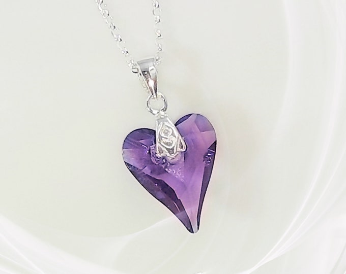 Swarovski Purple Wild Heart Crystal & Sterling Silver Necklace , Valentine Heart Necklace, Love you Sterling Silver Necklace