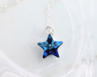 Sparkling Star Sterling Silver (925) Necklace with a Swarovski Bermuda Blue Crystal Fancy Stone. Something Blue, Bridal Gift