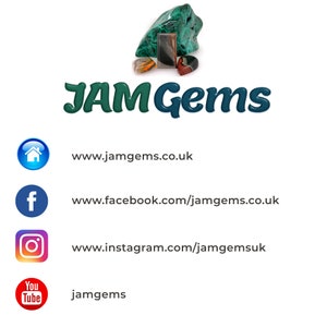 May include: JAMGems logo with a green, blue, and white color scheme. The logo is surrounded by four small, colorful stones. Below the logo are links to the company's website, Facebook page, Instagram page, and YouTube channel.