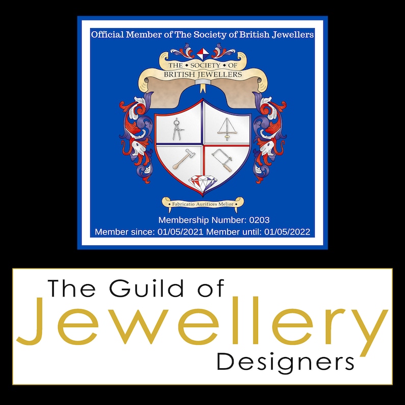 May include: A blue and white crest with the text "The Society of British Jewellers" and "Fabricatio Aurifices Melior". The crest includes a compass, a square, a hammer, a saw, and a diamond. The text "Membership Number: 0203" and "Member since: 01/05/2021 Member until: 01/05/2022" is below the crest. The text "The Guild of Jewellery Designers" is in gold letters on a white background.