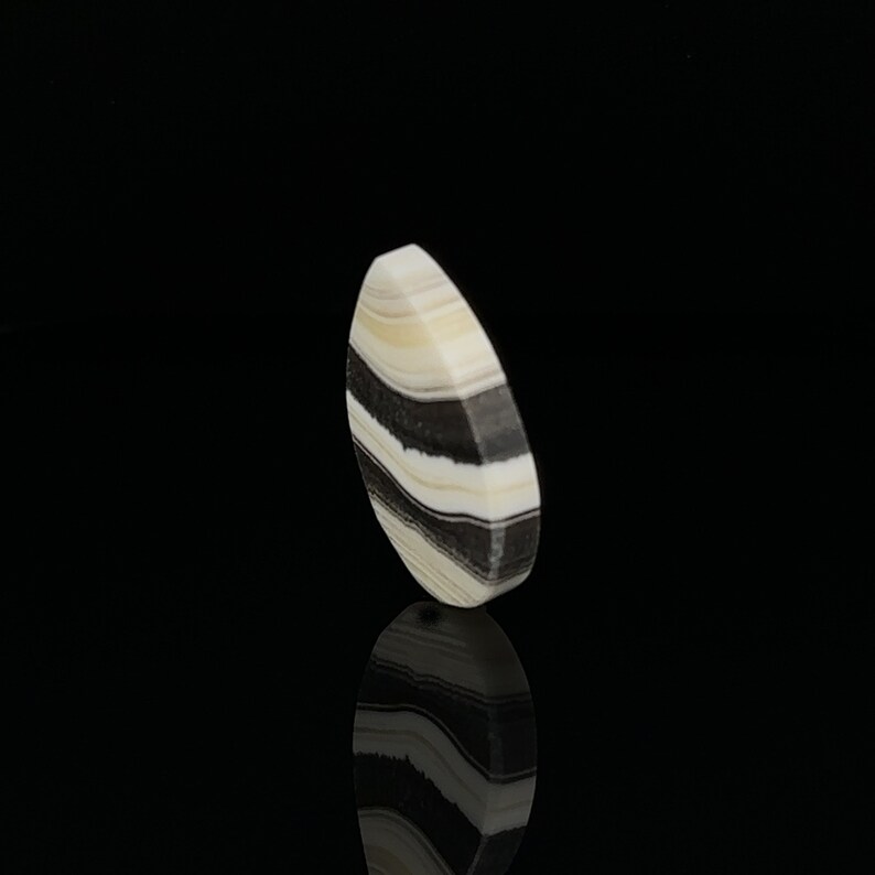 Puede incluir: Una piedra preciosa cabuj&oacute;n de forma ovalada con rayas blancas y negras. La piedra preciosa tiene una superficie lisa y pulida.