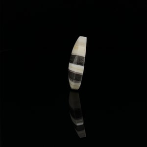 Puede incluir: Una cuenta de &aacute;gata rayada en blanco y negro con una forma ovalada y lisa.