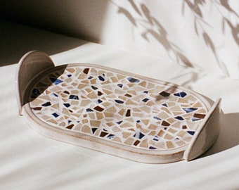 Serving Tray with Handles, Decorative Mosaic Tray, Oval Serving Platter, Ceramic Tray Blue and Cream Tones