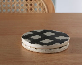 Set of 2 Contemporary Handmade Ceramic Coasters with Black Checkered Patterns