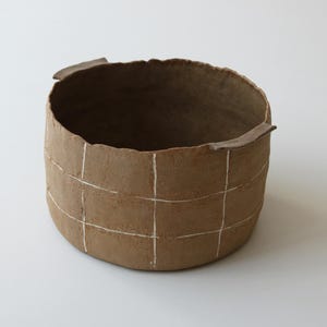 Hand-built Coiled Stoneware Pot – White Square Inlay Pattern - Matte Clay Serving Dish