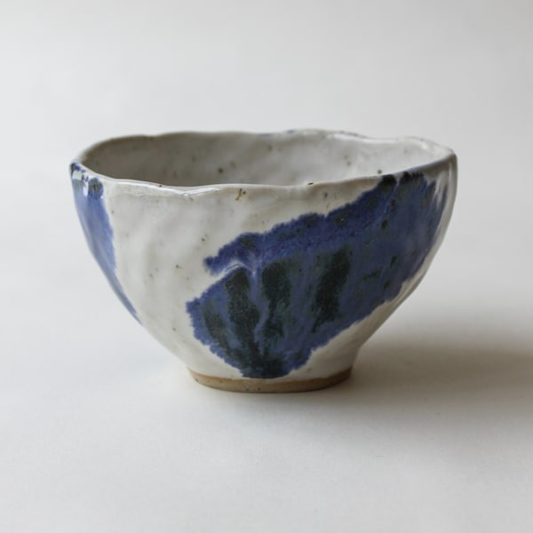 Handmade Ceramic Pinch Bowl in Medium - White with Cobalt Blue Brushstroke Detailing - one-of-a-kind