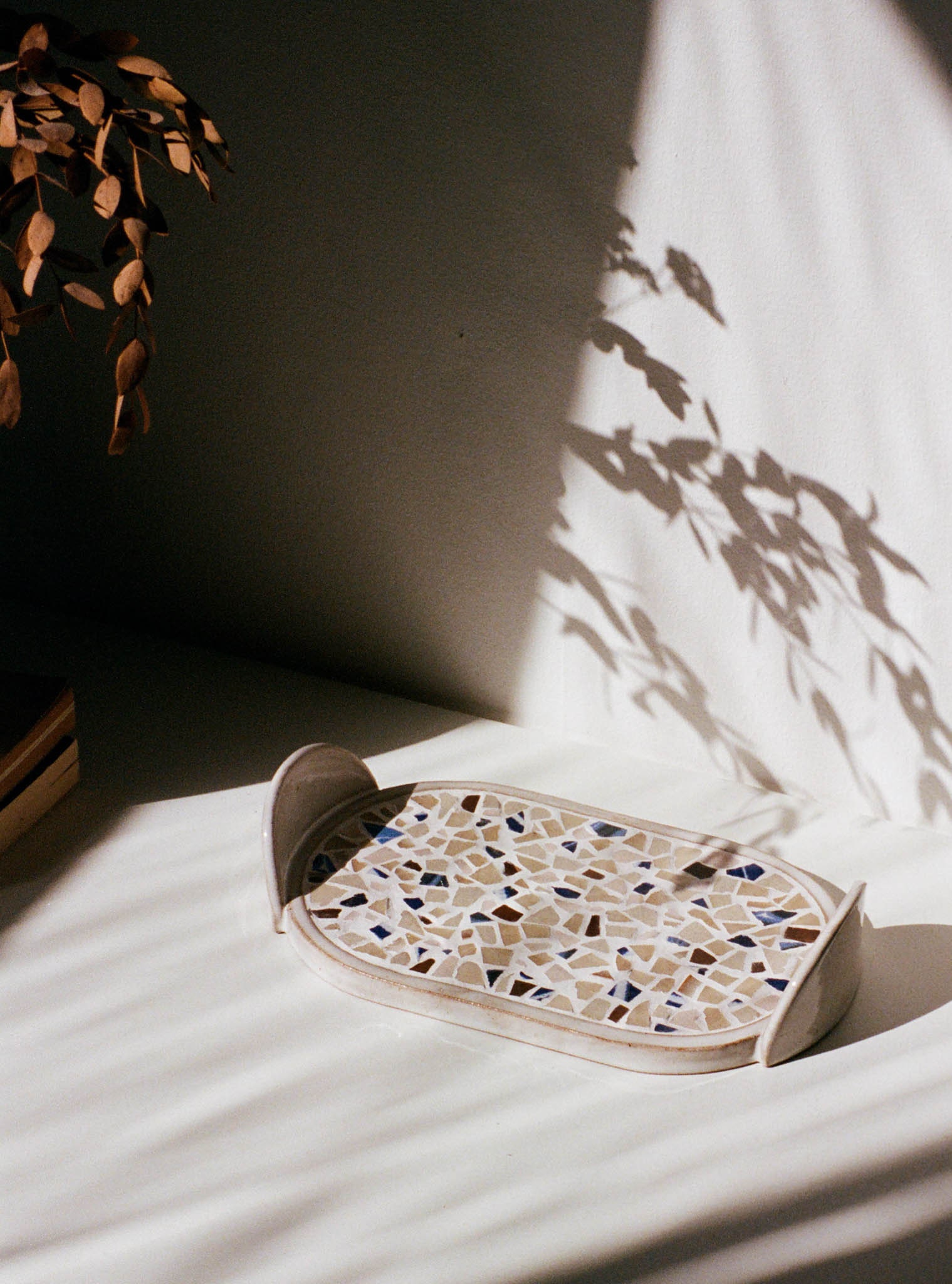 Serving Tray with Handles, Decorative Mosaic Tray, Oval Serving Platter, Ceramic Tray Blue and Cream Tones