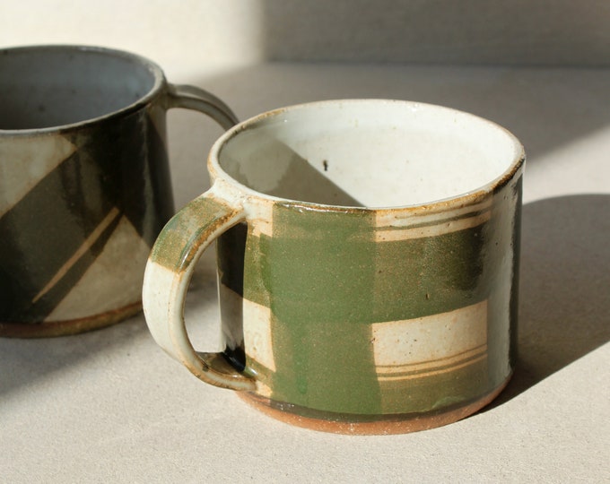 Handmade Ceramic Mug with Handpainted Chequered Pattern / Mug with Olive Green Pattern