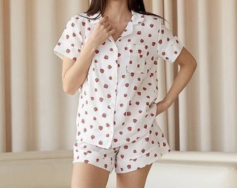 Printed muslin linen sleepwear pajamas top and shorts | Gauze cotton | Wedding gifts | Sleepwear for women | Pajama set women cute