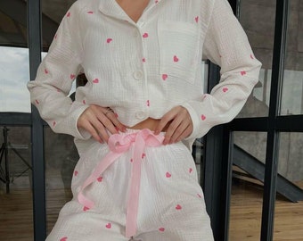 Linen pajama set, muslin cotton Women’s Pajamas, linen sleepwear, linen lounge set, pajama set cotton, custom pajamas