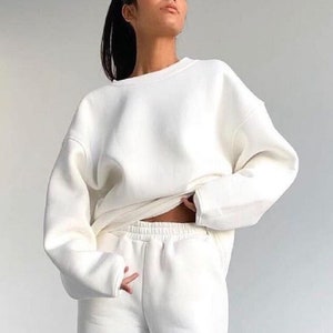 Sweat-shirt blanc | Sweat-shirt à col rond crème | Sweat-shirt blanc | Sweat-shirt à col rond en coton biologique | Ras du cou surdimensionné | Sweat uni