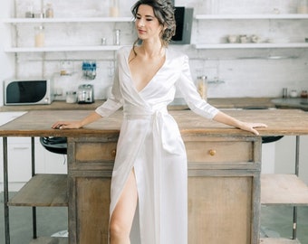 Long satin robe / Bridal robe white / Holiday apparel / Gifts for her