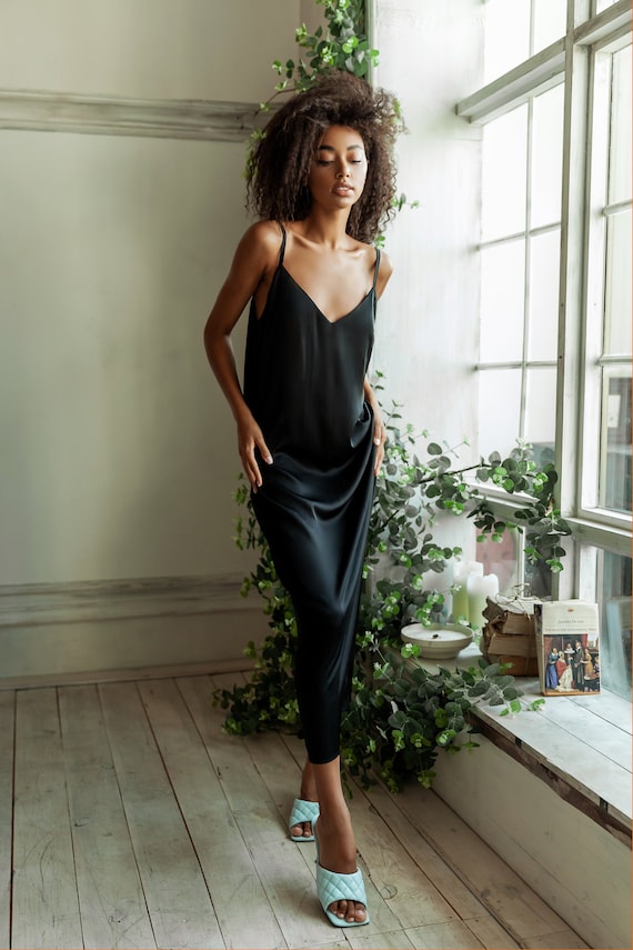 sachin and babi light blue dress Black Satin Maxi Slip Dress