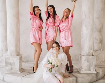 Bridal party robes set of 4, boudoir robe, wedding robes, white bridal robe, satin robe, custom robe, wedding day robe, bridal robe long