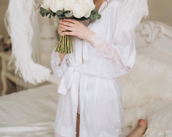 Lace Satin Bridal Robe | White Kimono, Long Bridesmaid Robe