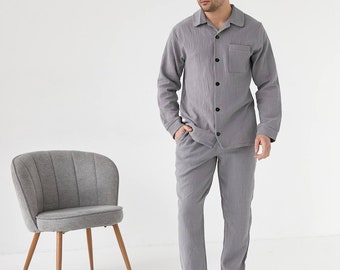 Pajama set cotton, mens linen pajamas, mens linen pants, linen button up pajama set, custom pajamas, matching pajamas, gift for stepdad
