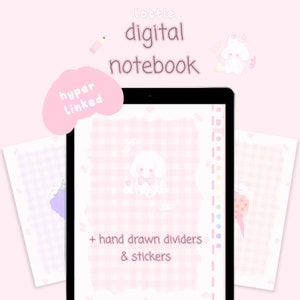 Puede incluir: Un cuaderno digital con un patrón de cuadros rosa y blanco. El cuaderno tiene una ilustración de un perro lindo y el texto "lottie digital notebook" e "hyper linked".