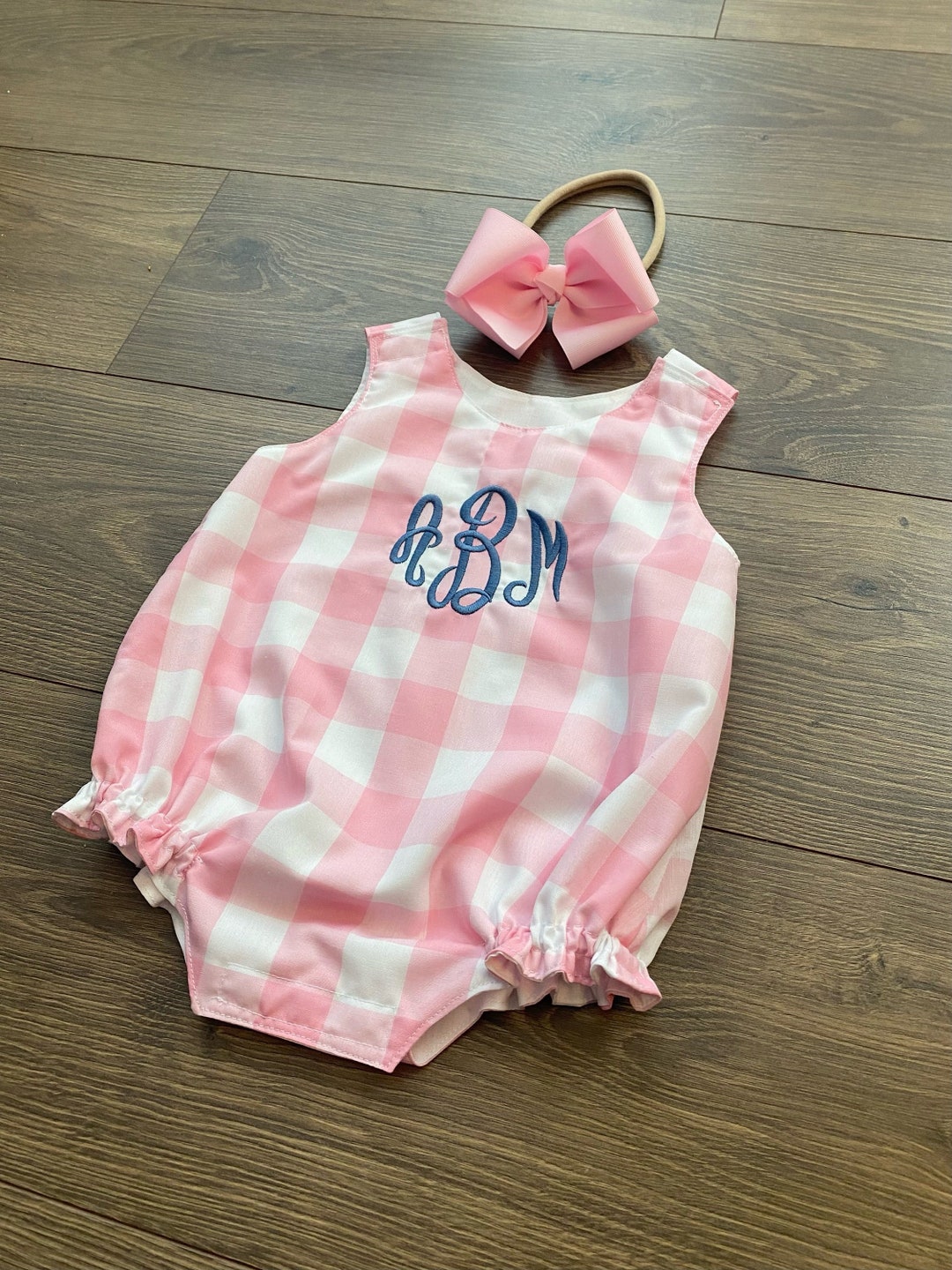 Party Time Embroidered Girl's Short Bubble in Pink Gingham