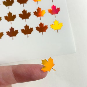 May include: A sheet of maple leaf stickers in various colors, including brown, yellow, orange, and red. One sticker is held by a finger. The stickers are on a white background.