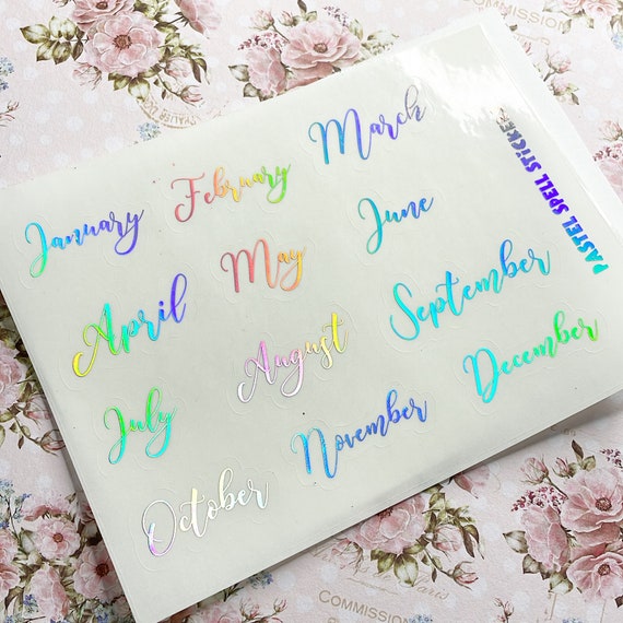 Medium Clear Holographic Month Stickers, Monthly Planner Stickers, Foiled Stickers, Schedule Stickers, BuJo Stickers