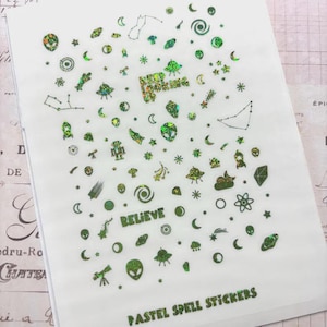 Tiny Holographic Alien Stickers, Clear Mini Sticker Sheet, Tiny Sticker, UFO Stickers, Space Stickers, Foil SciFi Stickers