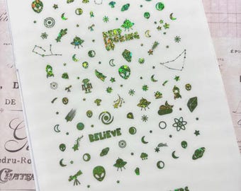 Tiny Holographic Alien Stickers, Clear Mini Sticker Sheet, Tiny Sticker, UFO Stickers, Space Stickers, Foil SciFi Stickers
