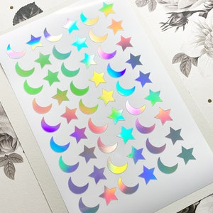 10mm Vinyl Holographic Moon and Star Stickers, Holographic Stars, Holo Stickers, Planner Stickers, Rainbow Holographic, Space Stickers