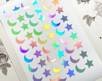 10mm Vinyl Holographic Moon and Star Stickers, Holographic Stars, Holo Stickers, Planner Stickers, Rainbow Holographic, Space Stickers