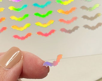 Tiny Rainbow Holographic Bats Stickers,  20x4mm Vinyl Stickers, Halloween Stickers, Goth Stickers