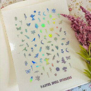 Tiny Clear Holographic  Nature Stickers, Tiny Leaf Stickers, Tiny Flower Stickers, BuJo Stickers, Planner Stickers