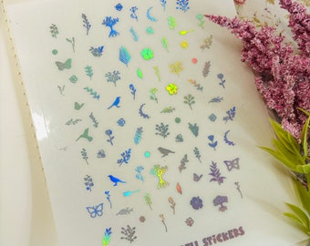 Tiny Clear Holographic  Nature Stickers, Tiny Leaf Stickers, Tiny Flower Stickers, BuJo Stickers, Planner Stickers