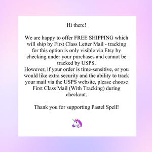May include: A white card with text that reads "Hi there!" and information about shipping options. The card also includes a thank you message and a unicorn graphic. The background is a gradient of pink and purple.