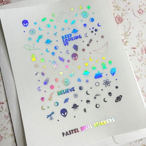Tiny Holographic Alien Stickers, Clear Mini Sticker Sheet, Tiny Sticker, UFO Stickers, Space Stickers, Foil SciFi Stickers