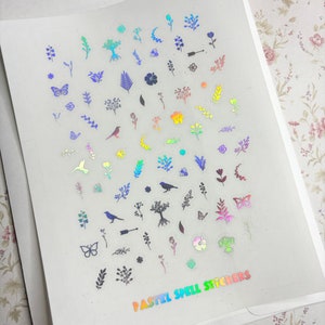 Tiny Clear Holographic  Nature Stickers, Tiny Leaf Stickers, Tiny Flower Stickers, BuJo Stickers, Planner Stickers