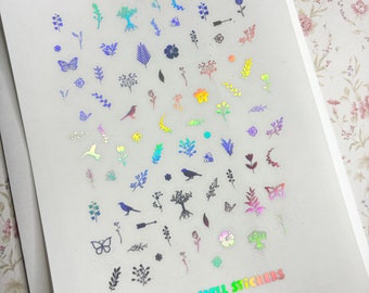 Tiny Clear Nature Stickers for Travel Journals, Foiled Flowers and Leaf Stickers For Springtime