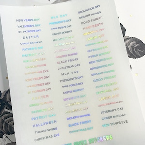 US Calendar Holiday Stickers, Holographic Planner Date Stickers, Holiday Stickers, BuJo Stickers, Planner Stickers, Clear Stickers