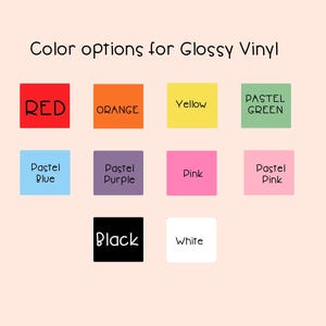 K&ouml;nnte beinhalten: Farboptionen f&uuml;r gl&auml;nzende Vinyl-Aufkleber. Die Farben umfassen Rot, Orange, Gelb, Pastellgr&uuml;n, Pastellblau, Pastelllila, Pink, Schwarz und Wei&szlig;.