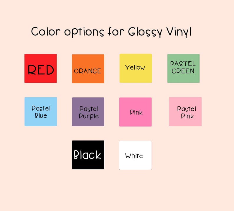 K&ouml;nnte beinhalten: Farboptionen f&uuml;r gl&auml;nzende Vinyl-Aufkleber. Die Farben umfassen Rot, Orange, Gelb, Pastellgr&uuml;n, Pastellblau, Pastelllila, Pink, Schwarz und Wei&szlig;.